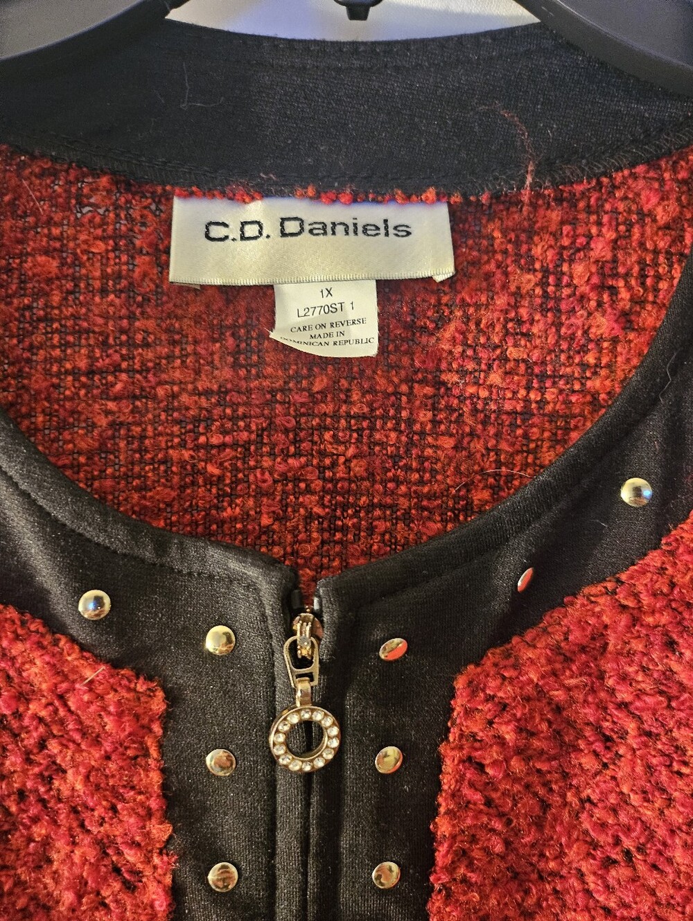 Cathy Daniels Womens Jacket/sweater Red Black Full Zip Pockets Collarless Xl - Picture 2 of 7
